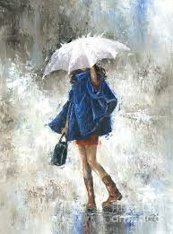 Rain Girl In Blue Art Print By Vickie Wade In 2021 Blue Art Prints Girl In Rain Umbrella Art