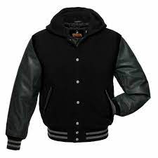 Mens Hoodie Wool Body Genuine Leather Sleeves Snap Button Premium Jacket Black Genz Quiltedjackethoodi Varsity Jacket Women Varsity Jacket Varsity Jacket Men