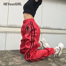 Black And Red Joggers Womens Heyoungirl 2018 Summer Print Casual Pants Women Elastic High Waist Joggers Ladies Hip Hop Trousers Red Streetwear Sweat P Comfy Outfits Fashion Fashion Outfits