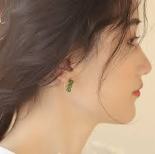 Natural Jade Hook Earrings, 3 Jade Beads Earrings