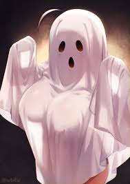 Rule 34 Dev - 1girl ahoge breasts commentary covered_erect_nipples  english_commentary ghost_costume halloween highres iwbitu large_breasts  long_sleeves nyopu original sleeves_past_fingers sleeves_past_wrists solo  thighs twitter_username white_hair ...