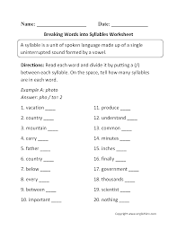 Breaking Words Into Syllables Worksheets Syllable Worksheet Multisyllabic Words Number Words Worksheets