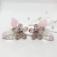 Rose Pink Cherry Blossom Flower Crystal Stud Earrings Plated Silver Murano Glass Pink Leaf Leaves Bu Crystal Stud Earrings Cherry Blossom Flowers Stud Earrings