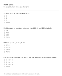 6th grade math trivia questions square root worksheet simplifying radicals with fractions 4th class power engineering cliff notes math problems for beginners. Mini Math Quiz Form Template Jotform