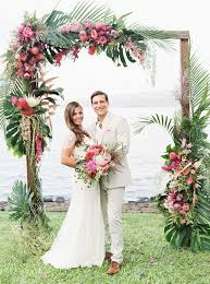 Floral Arch Hawaiian Wedding Decoration Pink And Green Flower Arch Decorations Oceanfront Hawaii Wedding Arch Flowers Tropical Wedding Theme Hawaiian Wedding