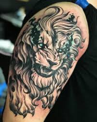 Black And Grey Tattoo Sleeve With Color Tattoo Sal Style Mean Lion Tattoo By Faisal Al Lami With Requested Color Highlights On The Eyes Which Was My Clients Tattoos Colored Highlights Lion Tattoo