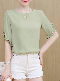 Frill Sleeve Solid Chiffon Cutout Blouse Blouse 2019 Ust Giyim Kiyafet Kadin Giyim