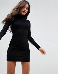 Asos Mini Rib Bodycon Dress With Turtleneck Black Ribbed Bodycon Dress Long Sleeve Turtleneck Dress Long Sleeve Mini Dress