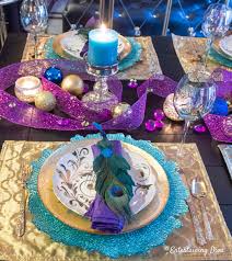 Purple gold birthday party decorations happy birthday banner purple gold confetti balloons polka dot paper fans for women/girl purple birthday decorations purple gold birthday photo backdrop. Peacock Tablescape Entertaining Diva From House To Home Table Decorations Diy Table Decor Christmas Party Decorations Table