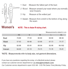 Sizing Chart Asian Fit Womens Montbell America