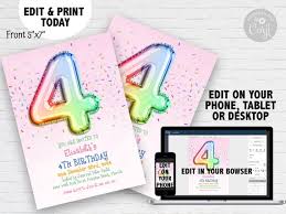 4th Rainbow Birthday Invitation Editable Template Rainbow Balloon Invite  for Her 4 Year Old Invite Party Celebration Digital Download