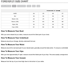 forever 21 jeans size chart best picture of chart anyimage org