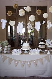 Set a festive mood for any baby shower by planning decorations that will transform any area from boring to festive. Neutral Baby Shower Idea Baby Shower Vintage Baby Shower Inspiration Baby Shower Fun