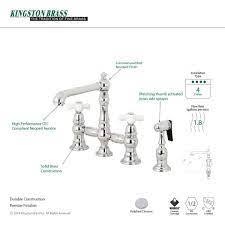 Kingston brass faucets are covered by a limited lifetime warranty that protects the faucets from parts damage, shipping damage, and even covers the finish for a lifetime. Kingston Brass English Country 2 Handle Bridge Kitchen Faucet With Side Sprayer In Polished Chrome Hks7271pxbs The Home Depot