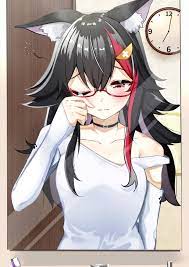ookami mio, ookami mio (3rd costume), hololive, absurdres, commentary  request, highres, 1girl, alternate costume, animal ears, black hair, blush,  clock, collarbone, glasses, hair between eyes, hair ornament, hairclip,  long hair, looking at