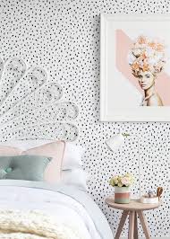 Bedroom Wall Black And White Wallpaper Bedroom Ideas Black White Spotted Wallpaper With Gina Julian Print Marie And Peacock Headboard House And Home Magazine Room Decor Interior