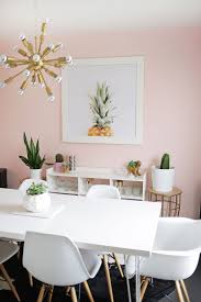 Soft Pink Dining Room With White And Gold Accents Pink Dining Rooms Mid Century Dining Room Apartment Dining