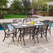 Noble House Sarasota Bronze 7 Piece Aluminum Rectangular Outdoor Dining Set 8096 The Home Depot In 2020 Rectangular Dining Set Cast Aluminum Patio Furniture Patio Furniture Sets