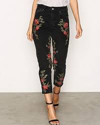 New Topshop Moto Rose Embroidered Mom High Waisted Black