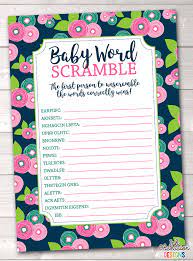 With our free word scramble puzzle generator you can quickly create a printable word scramble worksheet for baby showers, word search games, word scramble games. Floral Bloom Baby Word Scramble Printable Baby Shower Game Erin Bradley Ink Obsession Designs