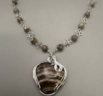 Brown and Silver Heart Pendant Necklace with Artistic Sterling Silver Wire  Wrap