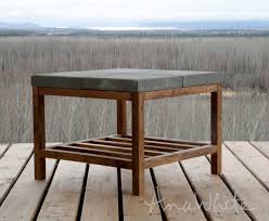 The concrete thickness is 1.5 inches and the overall height of the table with the base is 18 inches. Concrete Paver Outdoor Coffee Table Ana White