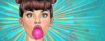 Eine Karikatur einer Frau mit einem rosa Ball im Mund