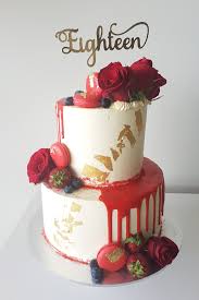 Rose Gold Simple 18th Birthday Cake Red Drip Roses Macarons Strawberries Berries Amd Gold Leaf A Complete Recipe For A Wo 18th Birthday Cake Red Birthday Cakes Happy Birthday Cakes For Women
