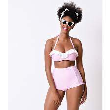 Unique Vintage Bette Pink Gingham High Waist Retro Swim Bottoms Retro High Waisted Bikini Vintage Bikini High Waisted Pink High Waisted Bikinis