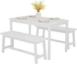 3 piece dining table set. Amazon Com Mecor 3 Piece Dining Set Table With 2 Benches Solid Pine Wood Tabletop And Benches Set For Home Kitchen Dining Room Furniture White Table Chair Sets