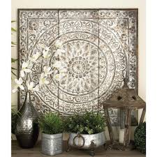 36 In X 36 In Traditional Square Wall Panel In Distressed Finish With Embossed Filigree Brown Tan Metal Wall Panel Decorative Wall Panels Wall Paneling