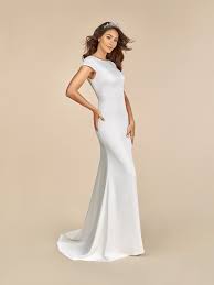 Simple And Sleek Crepe Mermaid Wedding Dress With Sabrina Neckline Moonlight Tango T882 Wedding Dresses Satin Bridal Gowns Fit And Flare Wedding Dress