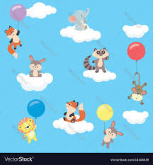 Cute Little Baby Animals Flying In The Sky Holding Colorful Balloons Easy To Edit All Elements Are Grouped Together Logica Cloud Vector Baby Animals Balloons