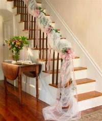 Draping white english netting and organza in the bridal colors provides a backdrop to complement the bride's entrance for the wedding. Pin By Anne W2 On Wedding Reception Decor Wedding Staircase Decoration Tulle Decorations Wedding Staircase