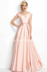 A Line Pleated V Neck Floor Length Satin Prom Dress