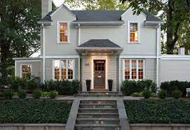 Fall round up the best exterior house colours for 2013. Classic Gray Exterior Home With Evergreen Shrubs Stairs Pathway Brick Wall Gray Wall G House Paint Exterior Exterior Paint Colors For House Painted Brick House