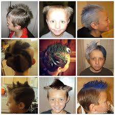 Super short in the back with gradually longer locks moving from above the ears to the front where the hair falls from the crown to a bit above the brows. Sweet Sugar Blossoms Crazy Wacky Hair Day Idea For Boys