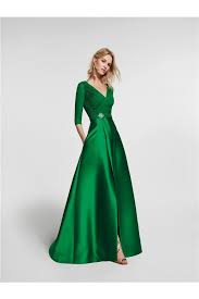 A Line V Neck Sleeved Long Emerald Green Satin Prom Dress With Pockets Long Cocktail Dress Formal Dresses Evening Dresses