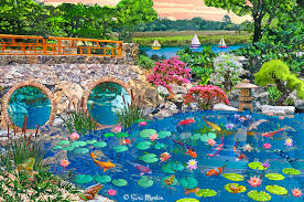 Maybe you would like to learn more about one of these? Whimsical Japanese Water Garden And Koi Fish Pond With Stone Bridge Features Water Lilies Lily Pads Lotuses Flowering Bonsai Plants