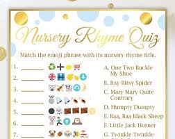 How well do you know your nursery rhymes? Emoji Nursery Rhyme Quiz Mint And Gold Baby Shower Game Etsy Nursery Rhyme Baby Shower Mint Baby Shower Pink Baby Shower