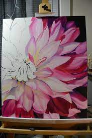 Dahlia Half Done Oil Painting Pink And Yellow Large Flower Painting Flower Painting Canvas Flower Canvas Oil Painting Flowers