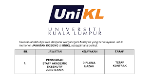 Jawatan kosong terkini universiti kuala lumpur (unikl). Jawatan Kosong Di Universiti Kuala Lumpur Unikl Jobcari Com Jawatan Kosong Terkini