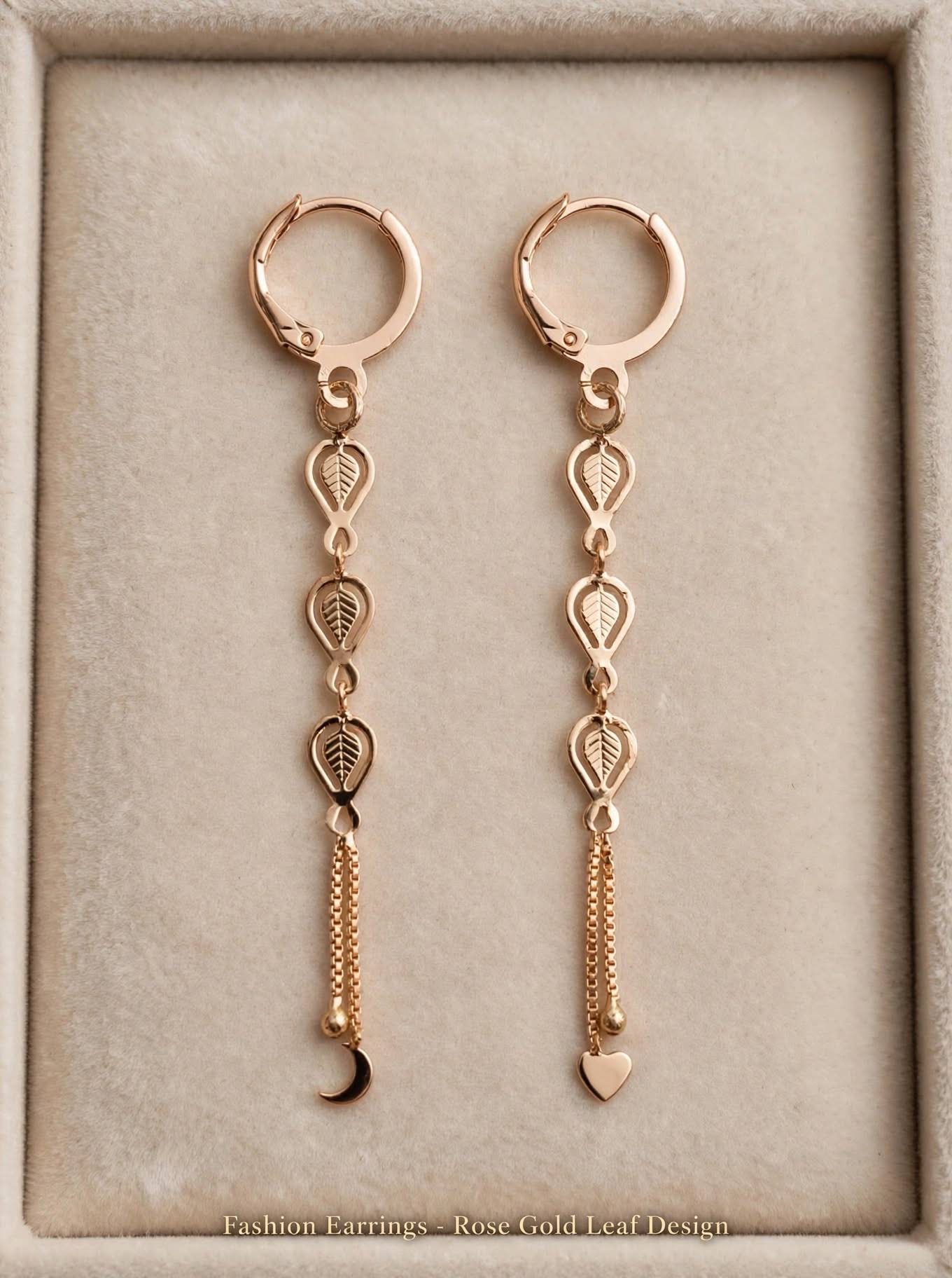 Rose Gold Plated Leaf Dangler Earrings with Moon & Heart C product image
