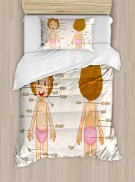 Approximate size guides for mattresses, bedding and pillows, from crib to super king. Educational Twin Size Duvet Cover Set Cute Little Cartoon Girl Children Body Parts School Science Class Decorative 2 Piece Bedding Set With 1 Pillow Sham Pale Pink Brown Cream By Ambesonne
