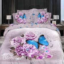 Elegant Pink Flower With Butterfly Print 4 Piece Bedding Sets Floral Bedding Sets Butterfly Bedding Purple Bedding Sets