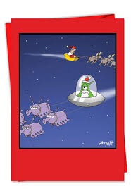 Many christmas cards show christmas traditions, such as seasonal figures (e.g., santa claus, snowmen, and reindeer), objects associated with christmas such as candles, holly, baubles, and christmas trees, and christmastime activities such as shopping, caroling, and partying, or other aspects of the season such as the snow and wildlife of the. Alien Santa Cartoon Christmas Card