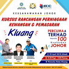 Usahawan negeri selangor boleh memohon kursus recharge jenama perniagan anda dan ianya khusus untuk usahawan hijrah selangor. Johorevent On Twitter Kursus Rancangan Perniagaan Kewangan Pemasaran 22 April 2018 Ahad Primecity Hotel Kluang 8 30 Pagi 5 00 Petang Percuma Terhad Kepada 100 Usahawan Johor