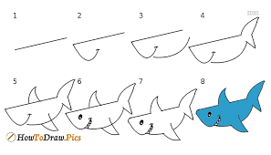 For the head, draw a downward slope and curve it around for the nose. How To Draw Shark Step By Step Images