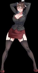 kjech, mida rana, yandere simulator, absurdres, highres, official art,  1girl, arm up, blush, bra, bra peek, breasts, brown hair, business suit,  female focus, formal clothes, full body, garter belt, garter straps, hair