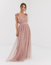 Anaya Anaya With Love Tulle V Neck Maxi Dress With Ruffle Shoulder And Satin Trim In Blush Maxi Dress Prom Fashion Maxi Dress With Sleeves